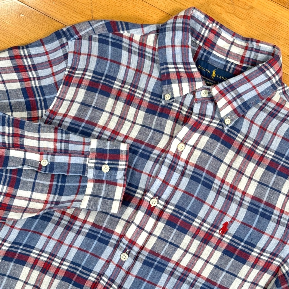 Ralph Lauren Mens 100% Linen Blue Red White Plaid Classic Fit Shirt Size MEDIUM